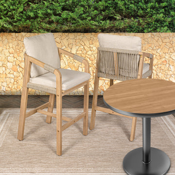 Porto Modern Coastal Tub Roped Acacia Wood Outdoor Bar Stool with Cushions and Armrests